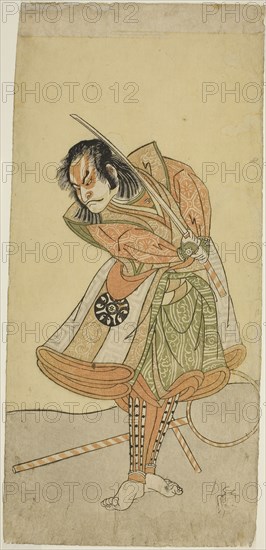 The Actor Nakamura Nakazo I as Tezuka no Taro Mitsumori Disguised as the Monkey Trainer Tonkichi Tochibei, in the Play Soga Moyo Aigo no Wakamatsu, Performed at the Nakamura Theater in the First Month, 1769, c. 1769, Katsukawa Shunsho ?? ??, Japanese, 1726-1792, Japan, Color woodblock print, hosoban, 32.5 x 14.6 cm (12 13/16 x 5 3/4 in.)