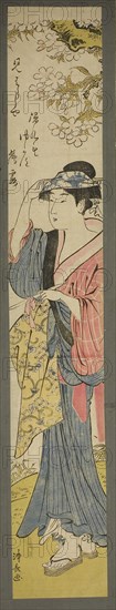 Woman Viewing Cherry Blossoms, c. 1782, Torii Kiyonaga, Japanese, 1752-1815, Japan, Color woodblock print, hashira-e, 69.7 x 11.1 cm