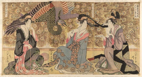 A parody of courtesans on display at the Ogiya (Ogiya mise yatsushi), c. 1795, Chokosai Eisho, Japanese, active 1780-1800, Japan, Color woodblock print, oban triptych, 57 x 95 cm