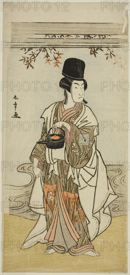 The Actor Ichikawa Monnosuke II as the Court Servant Shoheida Sadamori in the Play Masakado Kammuri no Hatsuyuki, Performed at the Nakamura Theater in the Eleventh Month, 1777, c. 1777, Katsukawa Shunsho ?? ??, Japanese, 1726-1792, Japan, Color woodblock print, hosoban, second-from-right sheet in a four-sheet print, 32.8 x 15.3 cm (12 15/16 x 6 in.)