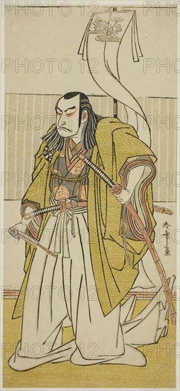 The Actor Nakamura Nakazo I as Kusunoki Masayuki Disguised as Uji no Joetsu, in the Play Go Taiheiki Shirishi-banashi, Performed at the Morita Theater in the Fourth Month, 1780, c. 1780, Katsukawa Shunsho ?? ??, Japanese, 1726-1792, Japan, Color woodblock print, hosoban, 30.9 x 14 cm (12 3/16 x 5 1/2 in.)