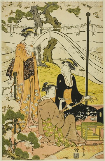 Viewing Cherry Blossoms at Goten Hill, c. 1787, Chobunsai Eishi, Japanese, 1756-1829, Japan, Color woodblock print, left sheet of oban triptych (right sheet: 1925.3091), 14 1/2 x 9 3/8 in.