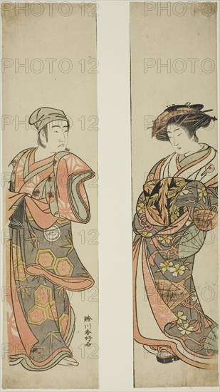 The Actor Nakamura Tomijuro I as a courtesan (right) and Sawamura Sojuro III as Oyamada Taro (?) disguised as Tarosaku of Oyamada Village (left) in the play Azuma no Mori Sakae Kusunoki, performed at the Ichimura Theater in the eleventh month, 1779, c 1779, Katsukawa Shunko I, Japanese, 1743-1812, Japan, Color woodblock print, narrow ai-tanzakuban diptych, 32.3 x 7.3 cm (right sheet), 32.3 x 8 cm (left sheet)