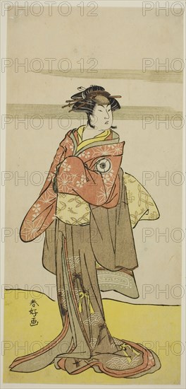 The Actor Iwai Hanshiro IV as Hitomaru Disguised as the Geisha Oshun in the Play Edo no Hana Mimasu Soga, Performed at the Nakamura Theater in the Third Month, 1783, c. 1783, Katsukawa Shunko I, Japanese, 1743-1812, Japan, Color woodblock print, hosoban, left sheet of diptych, 30.6 x 14.4 cm (12 1/16 x 5 11/16 in.)