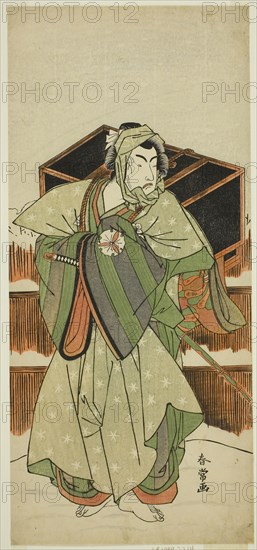 The Actor Matusmto Koshiro IV as Ise no Saburo Disguised as Mizoro no Sabu in the Play Mure Takamatsu Yuki no Shirahata, Performed at the Ichimura Theater in the Eleventh Month, 1780, c. 1780, Katsukawa Shunjo, Japanese, died 1787, Japan, Color woodblock print, hosoban, 32.2 x 14.5 cm (12 11/16 x 5 11/16 in.)