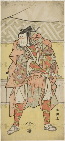 The Actor Ichikawa Monnosuke II as Mori no Rammaru in The Banquet, the Final Act in Part One of the Play Kanagaki Muromachi Bundan (Muromachi Chronicle in Kana Script), Performed at the Ichimura Theater from the First Day of the Eighth Month, 1791, c. 1791, Katsukawa Shun’ei, Japanese, 1762-1819, Japan, Color woodblock print, right sheet of hosoban triptych (center: 1980.276a, left: 1980.276b), 32 x 14.4 cm (12 5/8 x 5 3/4 in.)