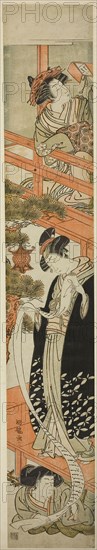 Parody of the Letter-Reading Scene in Chushingura, c. 1776, Isoda Koryusai, Japanese, 1735-1790, Japan, Color woodblock print, hashira-e, 27 1/2 x 4 5/8 in.