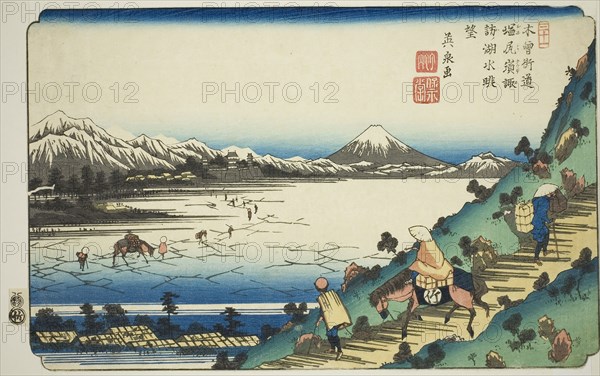 No. 31: View of Lake Suwa from Shiojiri Pass (Sanjuichi: Shiojiri toge Suwa no kosui chobo), from the series [Sixty-nine Stations of the] Kisokaido, c. 1835/36, Keisai Eisen, Japanese, 1790-1848, Japan, Color woodblock print, oban, 21.9 x 34.1 cm (8 5/8 x 13 7/16 in.)