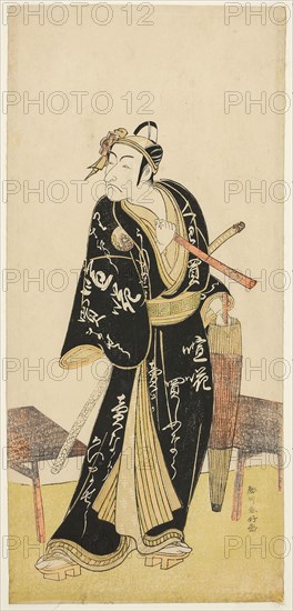 The Actor Ichikawa Danjuro V as Sukeroku in the Joruri Sukeroku Kuruwa no Natori-gusa (Sukeroku: Peony of the Pleasure Quarters), from the Last Act of Part Two of the Play Nanakusa Yosooi Soga (The Seven Guises of Soga), Performed at the Nakamura Theater from the Fifth Day of the Fifth Month, 1782, c. 1782, Katsukawa Shunko I, Japanese, 1743-1812, Japan, Color woodblock print, hosoban, 32.5 x 15.1 cm (12 3/4 x 5 7/8 in.)