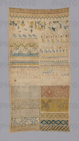 Sampler, 1815, Spain, Linen, plain weave, pulled thread work, embroidered with silk floss and linen yarns, in black, double faggot, hem interlocking, loop, overcast, Russian overcast, and wave stitches, embroidered with silk floss in back, cross, double running, long-armed cross, satin and stem stitches, 36.8 x 75.2 cm (14 1/2 x 29 5/8 in.)