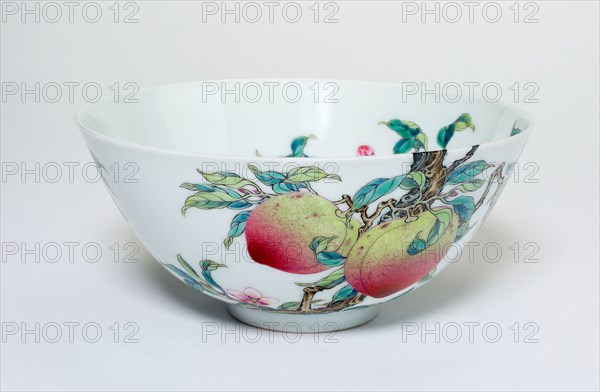 Bowl with Fruiting Peaches, Tree Peony, Flowering Plum and Bats, Qing dynasty (1644–1911), Yongzheng reign mark and period (1723–1735), overglaze painting perhaps added later, China, Porcelain painted in overglaze famille rose enamels, H. 6.6 cm (2 5/8 in.), diam. 14.5 cm (5 11/16 in.)