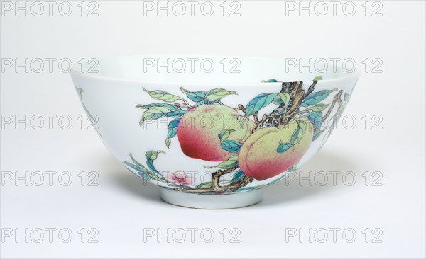 Bowl with Fruiting Peaches, Tree Peony, Flowering Plum, and Bats, Qing dynasty (1644–1911), Yongzheng reign mark and period (1723–1735), China, Porcelain painted in overglaze famille rose enamels, H. 6.5 cm (2 9/16 in.), diam. 14.3 cm (5 5/8 in.)