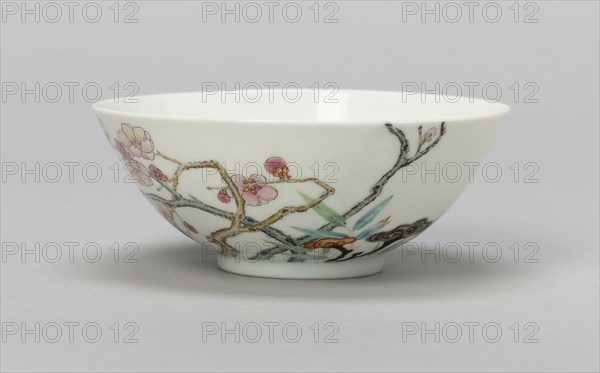 Bowl with Plum, Peach, Bamboo, and Lingzhi Mushrooms, Qing dynasty (1644–1911), Yongzheng reign mark and period (1723–1735), China, Porcelain painted in overglaze enamels, H. 4.8 cm (1 7/8 in.), diam. 13.3 cm (5 1/3 in.)