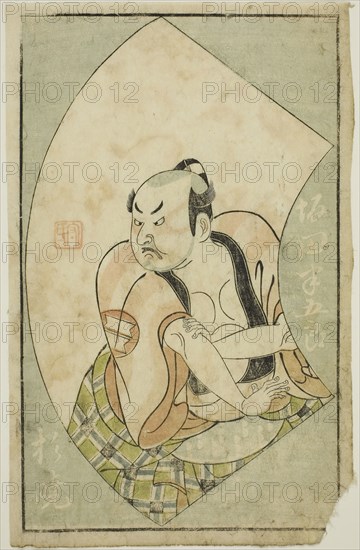 The Actor Sakata Hangoro II, from A Picture Book of Stage Fans (Ehon butai ogi), 1770, Ippitsusai Buncho, Japanese, active c. 1755-90, Japan, Color woodblock print, page from illustrated book, 9 5/8 x 6 in.