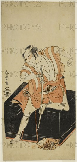 The Actor Nakamura Nakazo I as Izu no Jiro Disguised as Kemmaku no Sabu in the Play Edo-zakura Sono Omokage, Performed at the Nakamura Theater in the Fifth Month, 1769, c. 1769, Katsukawa Shunsho ?? ??, Japanese, 1726-1792, Japan, Color woodblock print, hosoban, 31.2 x 14.7 cm (12 5/16 x 5 13/16 in.)