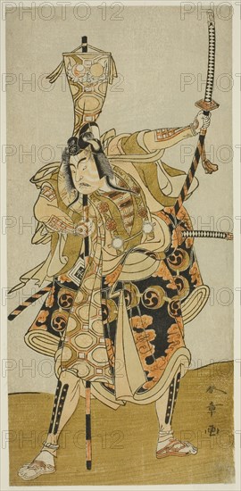 The Actor Ichikawa Raizo II as Murakami Hikoshiro Yoshiteru in the Play Oyoroi Ebido Shinozuka, Performed at the Nakamura Theater in the Eleventh Month, 1772, c. 1772, Katsukawa Shunsho ?? ??, Japanese, 1726-1792, Japan, Color woodblock print, hosoban, 29.4 x 14.2 cm (11 9/16 x 5 9/16 in.)