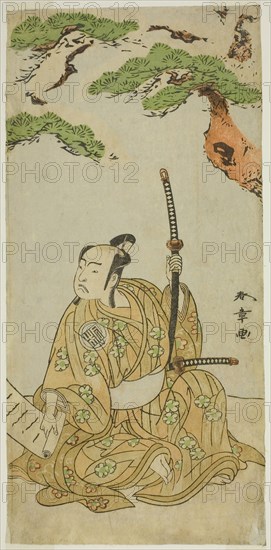 The Actor Arashi Sangoro II as Sakura-maru in the Play Sugawara Denju Tenarai Kagami, Performed at the Ichimura Theater in the First Month, 1772, c. 1772, Katsukawa Shunsho ?? ??, Japanese, 1726-1792, Japan, Color woodblock print, hosoban, right sheet of a multisheet print, 30.2 x 14.2 cm (11 7/8 x 5 9/16 in.)