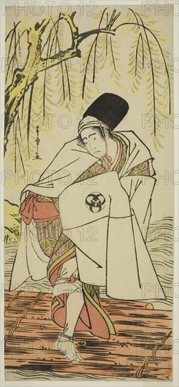 The Actor Bando Mitsugoro I as the Shinto Priest Goinosuke Disguised as the Spirit of a White Heron, in the Play Sakikaese Yuki no Miyoshino, Performed at the Morita Theater in the Eleventh Month, 1781, c. 1781, Katsukawa Shunsho ?? ??, Japanese, 1726-1792, Japan, Color woodblock print, hosoban, 32.6 x 14.5 cm (12 13/16 x 5 3/4 in.)