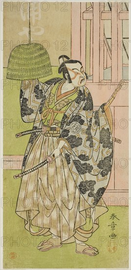 The Actor Ichimura Uzaemon IX as Fuwa Banzaemon in the Play Keisei Nagoya Obi, Performed at the Ichimura Theater in the Eighth Month, 1771, c. 1771, Katsukawa Shunsho ?? ??, Japanese, 1726-1792, Japan, Color woodblock print, hosoban, from a multisheet composition (?), 29.2 x 13.9 cm (11 1/2 x 5 1/2 in.)