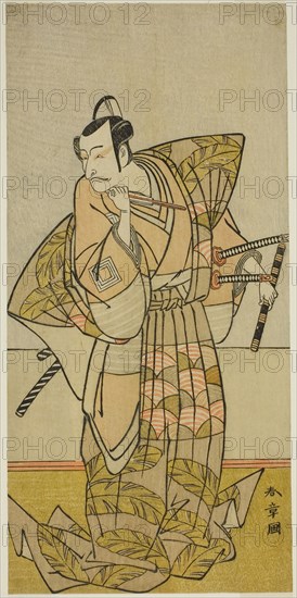 The Actor Ichikawa Danjuro V as Chichibu no Shigetada, c. 1773, Katsukawa Shunsho ?? ??, Japanese, 1726-1792, Japan, Color woodblock print, hosoban, from a multisheet composition (?), 28.7 x 13.8 cm (11 5/16 x 5 7/16 in.)