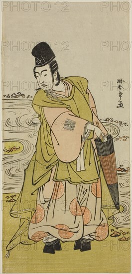 The Actor Ichikawa Yaozo II as Shii no Shosho Okinori in the Play Sugata no Hana Yuki no Kuronushi, Performed at the Ichimura Theater in the Eleventh Month, 1776, c. 1776, Katsukawa Shunsho ?? ??, Japanese, 1726-1792, Japan, Color woodblock print, hosoban, 31.3 x 14.6 cm (12 5/16 x 5 3/4 in.)
