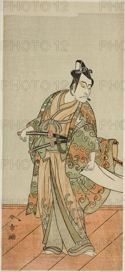 The Actor Ichikawa Danjuro V as Kudo Kanaishi (?) in the Play Izu-goyomi Shibai no Ganjitsu (?), Performed at the Morita Theater (?) in the Eleventh Month, 1772 (?), c. 1772, Katsukawa Shunsho ?? ??, Japanese, 1726-1792, Japan, Color woodblock print, hosoban, left sheet of a multisheet composition, 31.6 x 14.3 cm (12 7/16 x 5 5/8 in.)