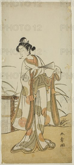 The Actor Segawa Kikunojo III as Aigo no Waka in the Play Chigo Sakura Jusan Kane, Performed at the Ichimura Theater in the Eleventh Month, 1774, c. 1774, Katsukawa Shunsho ?? ??, Japanese, 1726-1792, Japan, Color woodblock print, hosoban, 32.3 x 14 cm (12 11/16 x 5 1/2 in.)
