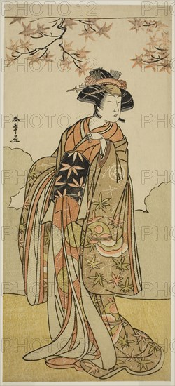 The Actor Osagawa Tsuneyo II as Onoe no Mae in the Play Date Nishiki Tsui no Yumitori, Performed at the Morita Theater in the Eleventh Month, 1778, c. 1778, Katsukawa Shunsho ?? ??, Japanese, 1726-1792, Japan, Color woodblock print, hosoban, from a multisheet composition (?), 31.2 x 14 cm (12 5/16 x 5 1/2 in.)