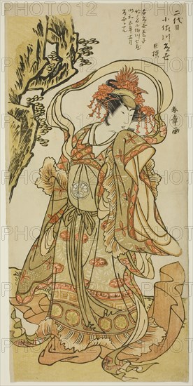 Osagawa Tsuneyo II as Itsukushima Tennyo in the Kabuki Play Tokimekuya o-Edo no hatsuyuki, c. 1780, Katsukawa Shunsho ?? ??, Japanese, 1726–1792, Japan, Color woodblock print, hosoban, 31.5 x 15.3 cm (12 3/8 x 6 in.)
