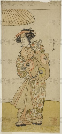 The Actor Ikushima Daikichi III as the Courtesan Naniwazu in the Play Saki Masuya Ume no Kachidoki, Performed at the Ichimura Theater in the Eleventh Month, 1777, c. 1777, Katsukawa Shunsho ?? ??, Japanese, 1726-1792, Japan, Color woodblock print, hosoban, from a multisheet composition (?), 32.2 x 15.5 cm (12 11/16 x 6 1/8 in.)