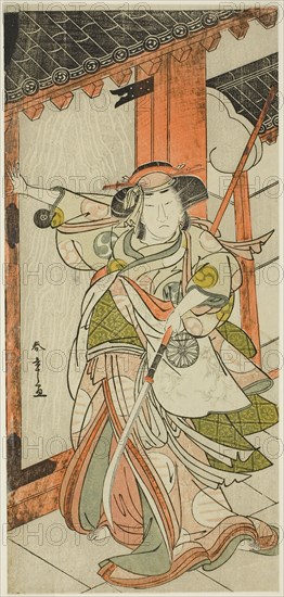 The Actor Nakamura Tomijuro I as Hangaku Gozen Breaking Down the Gate in the Play Wada-gassen Onna Maizuru (The Wada Conflict: A Woman’s Maizuru), Performed at the Nakamura Theater from the Twenty-fifth Day of the Seventh Month, 1777, c. 1777, Katsukawa Shunsho ?? ??, Japanese, 1726-1792, Japan, Color woodblock print, hosoban, 30.5 x 14.4 cm (12 x 5 11/16 in.)