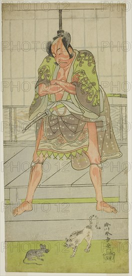 The Actor Ichikawa Danjuro V as the Yakko Matsueda Sakinosuke in the Play Keisei Momiji no Uchikake, Performed at the Morita Theater in the Seventh Month, 1772, c. 1772, Katsukawa Shunsho ?? ??, Japanese, 1726-1792, Japan, Color woodblock print, hosoban, 32.5 x 15 cm (12 3/4 x 5 7/8 in.)