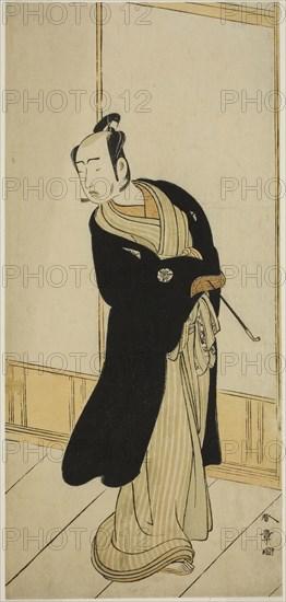 The Actor Matsumoto Koshiro IV as Izutsu Onnanosuke (?) in the Play Keisei Tsuki no Miyako (?), Performed at the Morita Theater (?) in the Ninth Month, 1775 (?), c. 1775, Katsukawa Shunsho ?? ??, Japanese, 1726-1792, Japan, Color woodblock print, hosoban, 30 x 14 cm (11 13/16 x 5 1/2 in.)