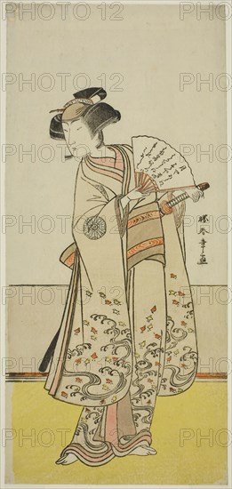 The Actor Nakamura Noshio I as Oiso no Tora (?) in the Play Shida Yuzuriha Horai Soga (?), Performed at the Morita Theater (?) in the First Month, 1775 (?), c. 1775, Katsukawa Shunsho ?? ??, Japanese, 1726-1792, Japan, Color woodblock print, hosoban, 32.4 x 14.8 cm (12 3/4 x 5 13/16 in.)