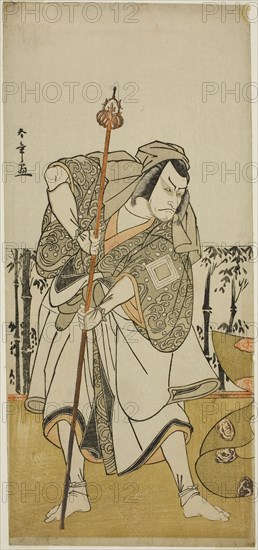 The Actor Ichikawa Danjuro V as Taira no Masakado Disguised as the Pilgrim Junjo in the Play Masakado Kammuri no Hatsuyuki, Performed at the Nakamura Theater in the Eleventh Month, 1777, c. 1777, Katsukawa Shunsho ?? ??, Japanese, 1726-1792, Japan, Color woodblock print, hosoban, left sheet of triptych, 33 x 15 cm (13 x 5 7/8 in.)