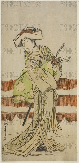 The Actor Onoe Kikugoro I as Tonase in the Play Kanadehon Chushin Nagori no Kura, Performed at the Nakamura Theater in the Ninth Month, 1780, c. 1780, Katsukawa Shunsho ?? ??, Japanese, 1726-1792, Japan, Color woodblock print, hosoban, 30.3 x 14.5 cm (11 15/16 x 5 11/16 in.)