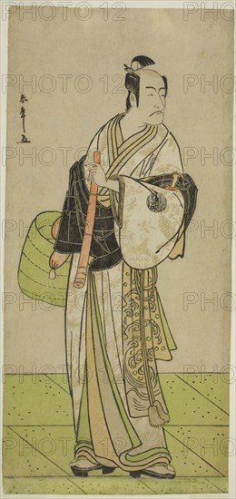 The Actor Ichikawa Ebizo as Kudo Suketsune Disguised as a Komuso in the Play Waka Murasaki Edokko Soga, Performed at the Ichimura Theater in the First Month, 1792, c. 1792, Katsukawa Shunsho ?? ??, Japanese, 1726-1792, Japan, Color woodblock print, hosoban, center sheet of triptych, 28.8 x 13.9 cm (11 5/16 x 5 1/2 in.)