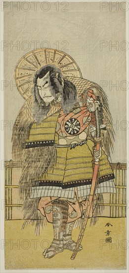 The Actor Nakamura Nakazo I as Takechi Jubei Mitsuhide in the Play Shusse Taiheiki, Performed at the Nakamura Theater in the Eighth Month, 1775, c. 1775, Katsukawa Shunsho ?? ??, Japanese, 1726-1792, Japan, Color woodblock print, hosoban, 32.7 x 15 cm (12 7/8 x 5 7/8 in.)