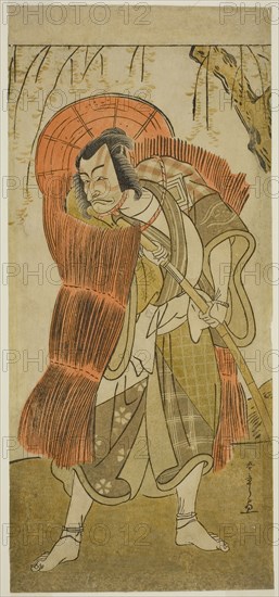 The Actor Ichikawa Danjuro V as Akushichibyoe Kagekiyo Disguised as a Beggar, in the Play Tsukisenu Haru Hagoromo Soga, Performed at the Ichimura Theater in the Third Month, 1777, c. 1777, Katsukawa Shunsho ?? ??, Japanese, 1726-1792, Japan, Color woodblock print, hosoban, right sheet of diptych, 31.7 x 14.4 cm (12 1/2 x 5 11/16 in.)