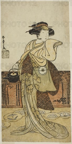 The Actor Iwai Hanshiro IV as Tsukisayo in the Play Gohiiki Nenne Soga, Performed at the Nakamura Theater in the First Month, 1779, c. 1779, Katsukawa Shunsho ?? ??, Japanese, 1726-1792, Japan, Color woodblock print, hosoban, left sheet of diptych, 29 x 14.1 cm (11 7/16 x 5 9/16 in.)