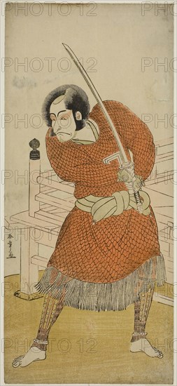 The Actor Ichikawa Danjuro V as Abe no Sadato in the Play Oshu Adachi ga Hara, Performed at the Ichimura Theater in the Fifth Month, 1777, c. 1777, Katsukawa Shunsho ?? ??, Japanese, 1726-1792, Japan, Color woodblock print, hosoban, 32.7 x 14.5 cm (12 7/8 x 5 11/16 in.)