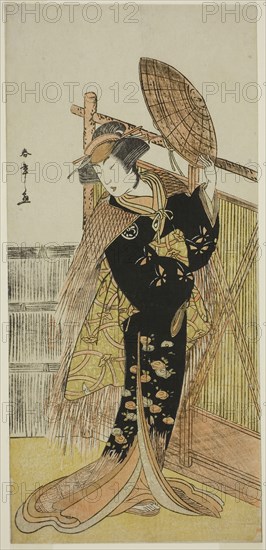 The Actor Segawa Kikunojo III as Michichiba in the Play Azuma no Mori Sakae Kusunoki, Performed at the Ichimura Theater in the Eleventh Month, 1779, c. 1779, Katsukawa Shunsho ?? ??, Japanese, 1726-1792, Japan, Color woodblock print, hosoban, 32 x 15 cm (12 5/8 x 5 7/8 in.)