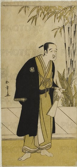 The Actor Otani Tomoemon I as Kajino Choan (?) in the Play Hono Nitta Daimyojin (?), Performed at the Morita Theater (?) in the Seventh Month, 1777, c. 1777, Katsukawa Shunsho ?? ??, Japanese, 1726-1792, Japan, Color woodblock print, hosoban, left sheet of diptych, 32.7 x 15.2 cm (12 7/8 x 6 in.)