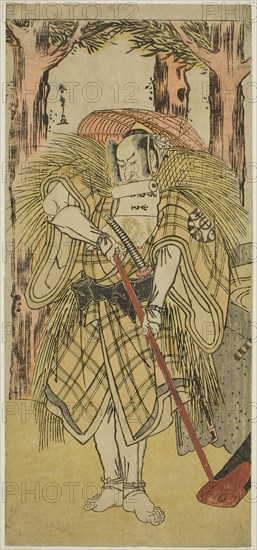 The Actor Nakamura Nakazo I as Hakamadare Yasusuke or Watanabe no Tsuna (?) in the Play Shintenno Tonoi no Kisewata (?), Performed at the Nakamura Theater (?) in the Eleventh Month, 1781 (?), c. 1781, Katsukawa Shunsho ?? ??, Japanese, 1726-1792, Japan, Color woodblock print, hosoban, left sheet of diptych, 32.7 x 14.9 cm (12 7/8 x 5 7/8 in.)