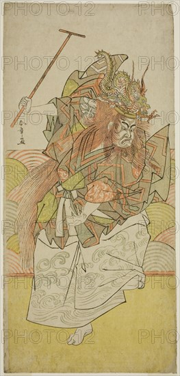 The Actor Ichimura Uzaemon IX as an Incarnation of the Dragon King in the Play Saki Masuya Ume on Kachidoki, Performed at the Ichimura Theater in te Eleventh Month, 1778, c. 1778, Katsukawa Shunsho ?? ??, Japanese, 1726-1792, Japan, Color woodblock print, hosoban, from a multisheet composition, 32.7 x 15 cm (12 7/8 x 5 7/8 in.)
