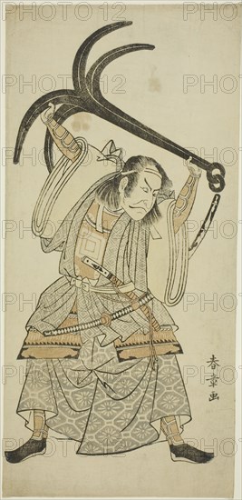 The Actor Ichikawa Danjuro IV as Taira no Tomomori disguised as Tokaiya Gimpei in the scene Tomomori with the Anchor (Ikari Tomomori) in the play Yoshitsune’s Thousand Cherry Trees (Yoshitsune Sembon-zakura), c. 1767, Katsukawa Shunsho ?? ??, Japanese, 1726-1792, Japan, Color woodblock print, hosoban, 32.2 x 15.4 cm (12 11/16 x 6 1/16 in.)