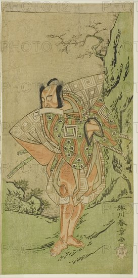 The Actor Ichikawa Danzo III as I no Hayata Tadazumi in the Play Nue no Mori Ichiyo no Mato, Performed at the Nakamura Theater in the Eleventh Month, 1770, c. 1770, Katsukawa Shunsho ?? ??, Japanese, 1726-1792, Japan, Color woodblock print, hosoban, 30.7 x 15.1 cm (12 1/16 x 5 15/16 in.)