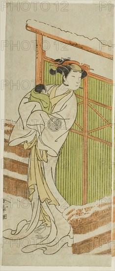The Actor Yamashita Kinsaku II as Moshio in the Play Izu-goyomi Shibai no Ganjitsu, Performed at the Morita Theater in the Eleventh Month, 1772, c. 1772, Katsukawa Shunsho ?? ??, Japanese, 1726-1792, Japan, Color woodblock print, hosoban, left sheet of diptych, 30.7 x 12.6 cm (12 1/16 x 4 15/16 in.)