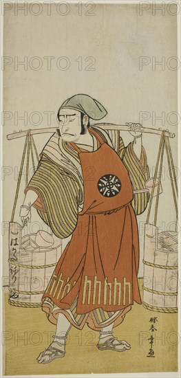 The Actor Nakamura Nakazo I as Nagasaki Kageyuzaemon Disguised as Gorohachi the Sake Seller, in the Play Hikitsurete Yagoe Taiheiki, Performed at the Morita Theater in the Eleventh Month, 1776, c. 1776, Katsukawa Shunsho ?? ??, Japanese, 1726-1792, Japan, Color woodblock print, hosoban, 31.6 x 14.9 cm (12 7/16 x 5 7/8 in.)