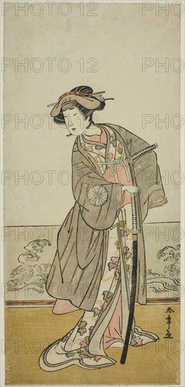 The Actor Nakamura Tomijuro I as Lady Hangaku (Hangaku Gozen) in the Play Wada-gassen Onna Maizuru, Performed at the Nakamura Theater in the Seventh Month, 1777, c. 1777, Katsukawa Shunsho ?? ??, Japanese, 1726-1792, Japan, Color woodblock print, hosoban, 32.7 x 15.3 cm (12 7/8 x 6 in.)